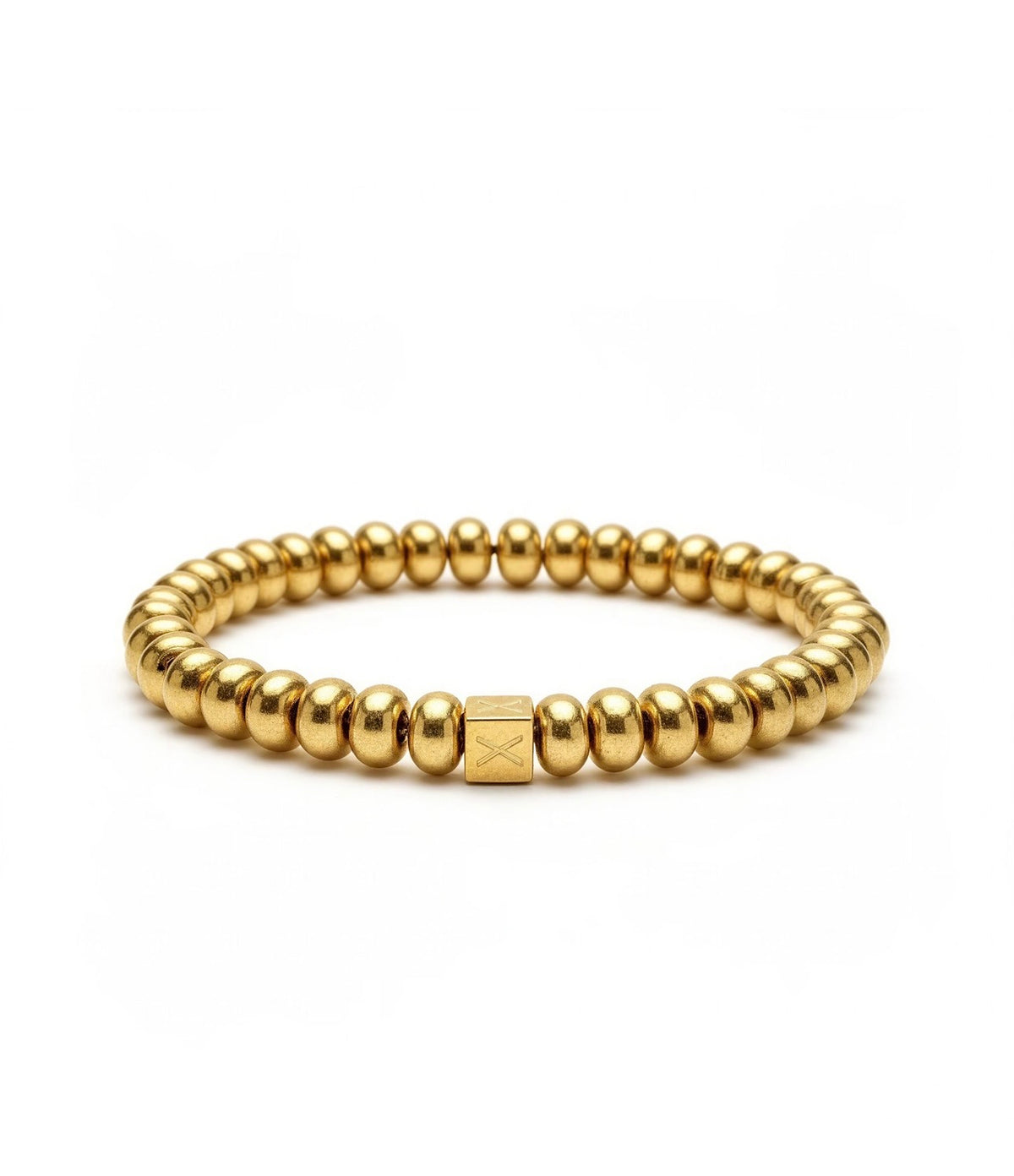 The Essential Collection - 8mm Aurea Ovalis bracelet features polished gold beads with a distinctive square charm, embodying handcrafted luxury and refined elegance.